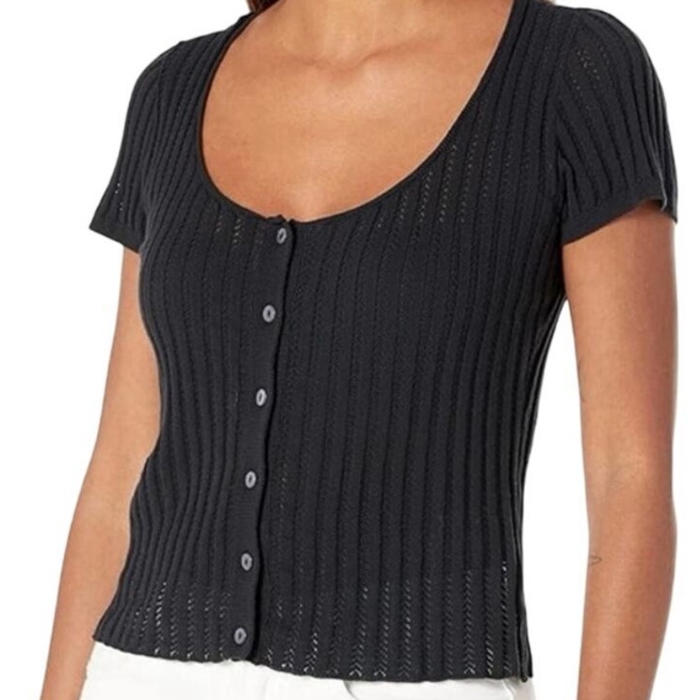 PAIGE Black Button-Up Ribbed Top